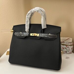 35cm Black Top Handle Belted Leather Satchel BK Style